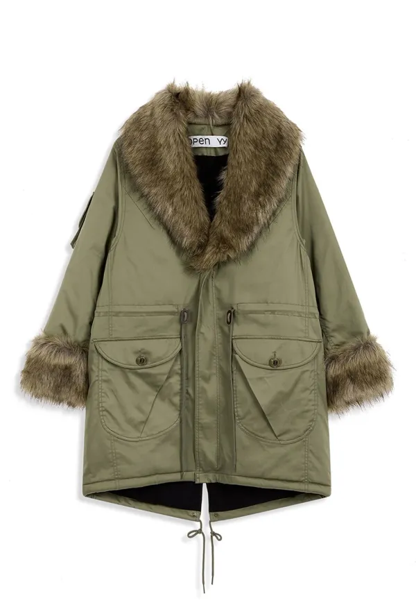 FAUX FUR TRIMMING SAFARI JACKET, KHAKI