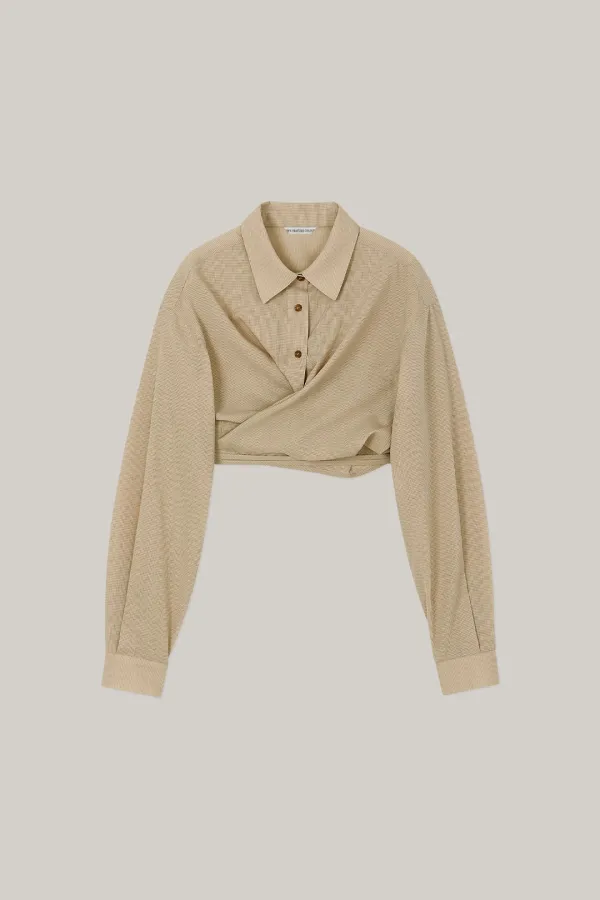 Tie Detailed Wrap Shirt (beige check)