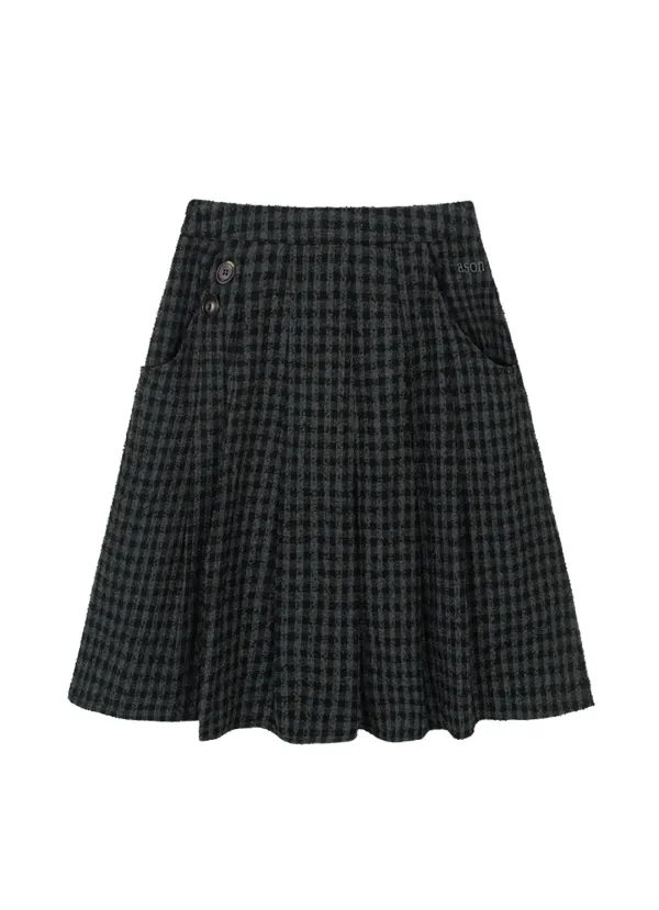 CHECK FOND PLEATED MIDI SKIRT / CHARCOAL