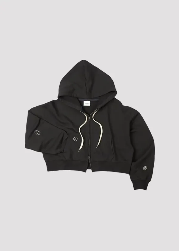 CROP 2WAY HOOD ZIP UP LOVE CHARCOAL