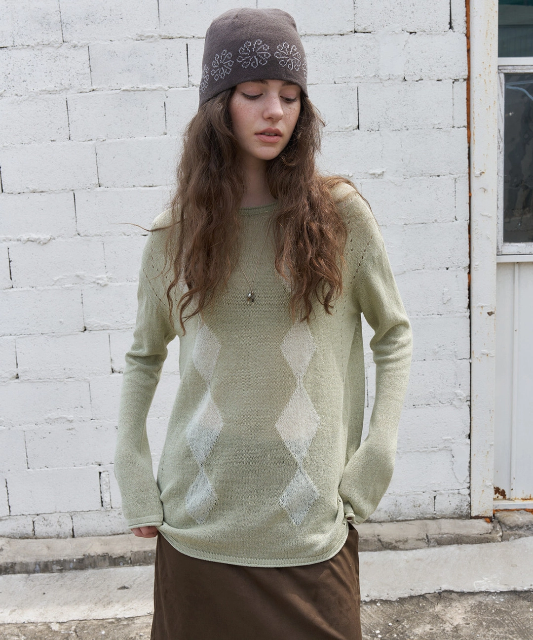 반원 아뜰리에 KN4300 내추럴 아가일 니트_Olive green 상품 이미지 2