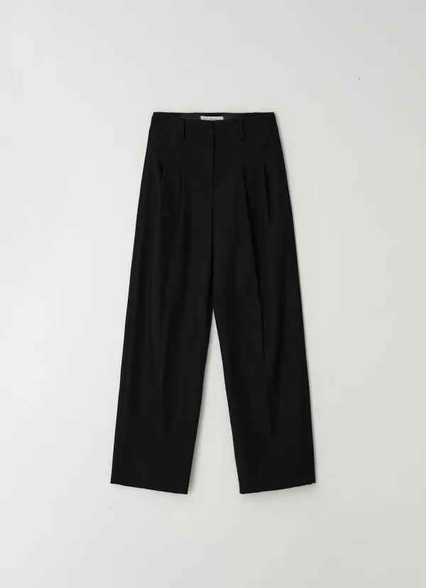 WOOL BLENDED WIDE TWO TUCK PANTS - BLACK