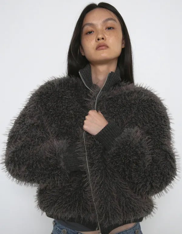 SHAGGY FAUX FUR JACKET, CHARCOAL