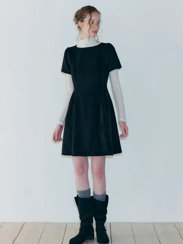 Shirring Flare Mini Dress, Black