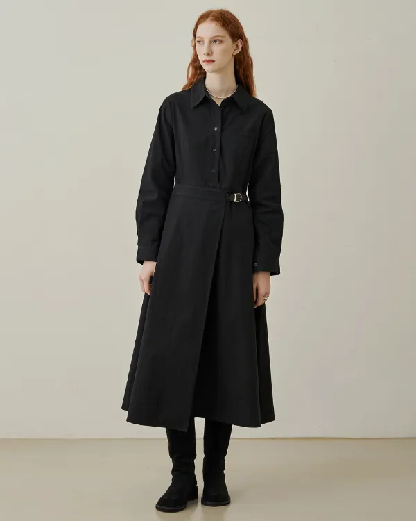 Waist belt lap long dress - black