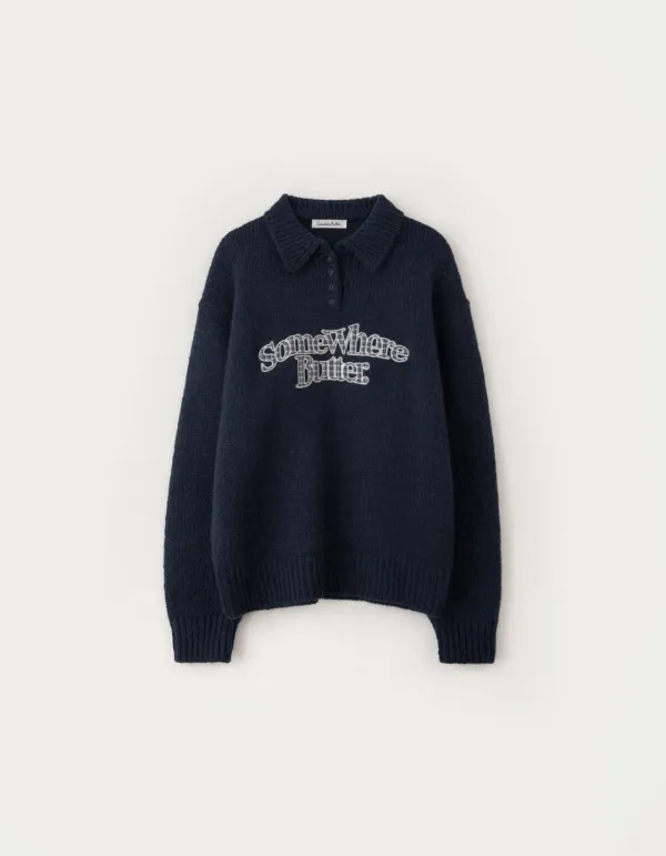 Check Wave Logo Alpaca Knit - Navy