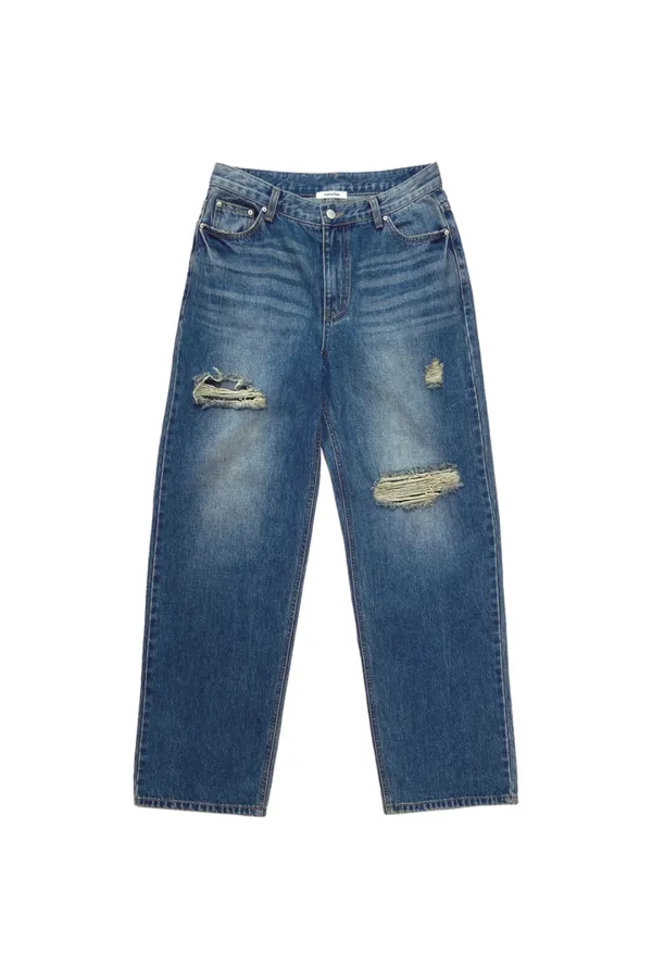 LOW RISE LOOSE-FIT DAMAGED JEANS (VINTAGE BLUE)