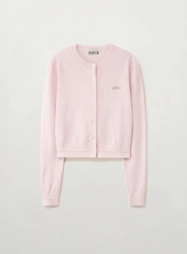 (W) Pointel Crewneck Cardigan - Light Pink