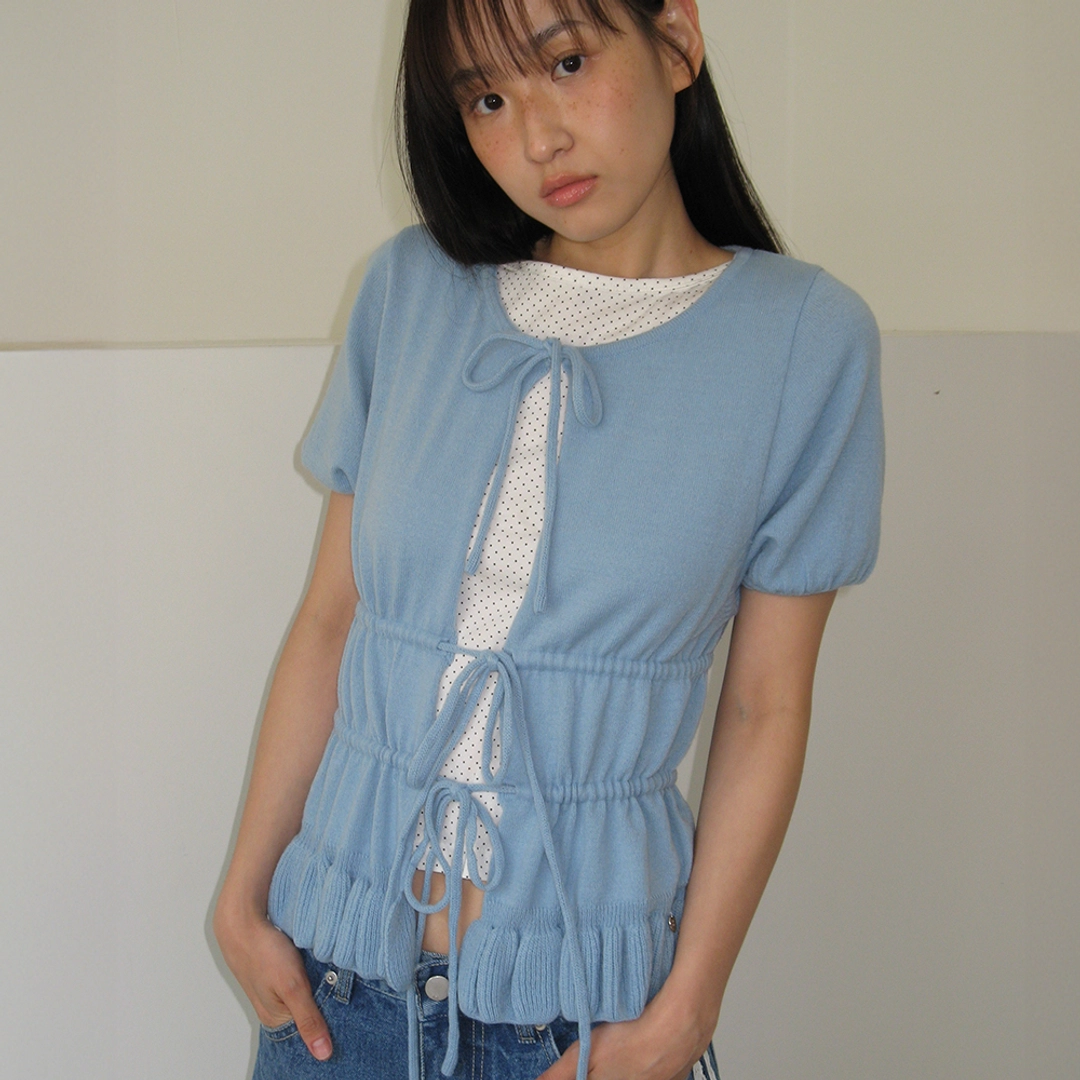 론론 RUFFLE TEM TIE KNIT CARDIGAN SOFT BLUE 상품 이미지 1