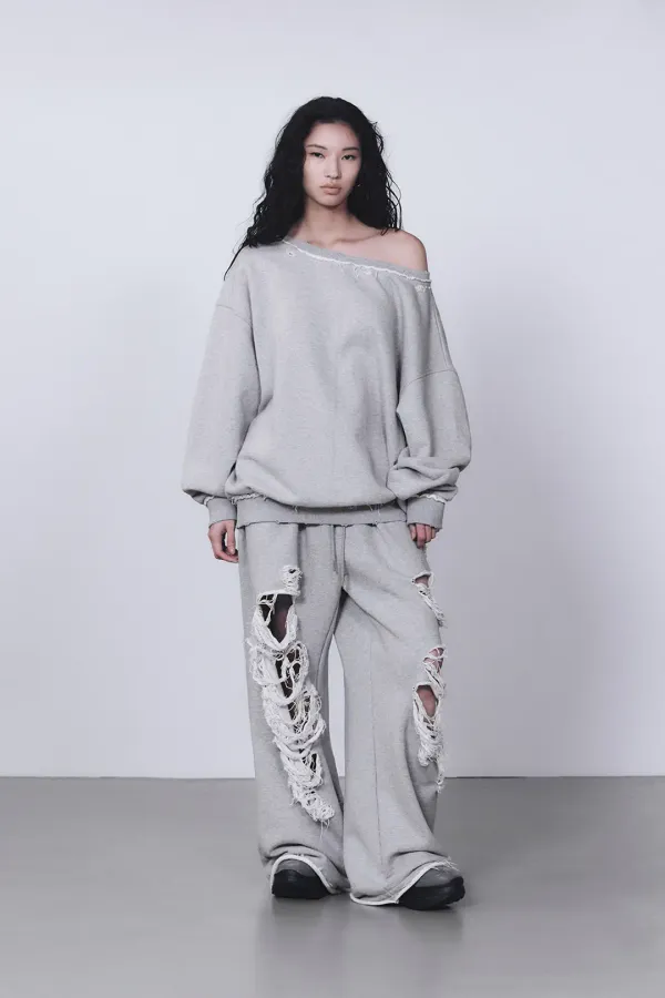 Scratch Damage Wide Sweat Pants [ Melange Gray ]