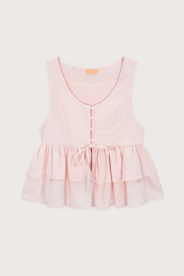 V-Neck Vest Tiered Blouse (Light Pink)
