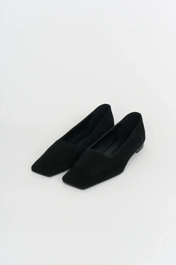 Suede Square Stitch Loafers (Black)