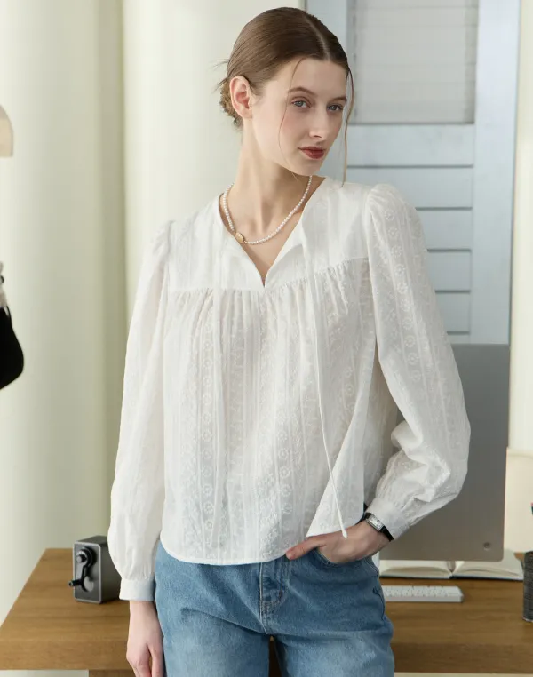 Embroidery Lace Shirring Blouse - White