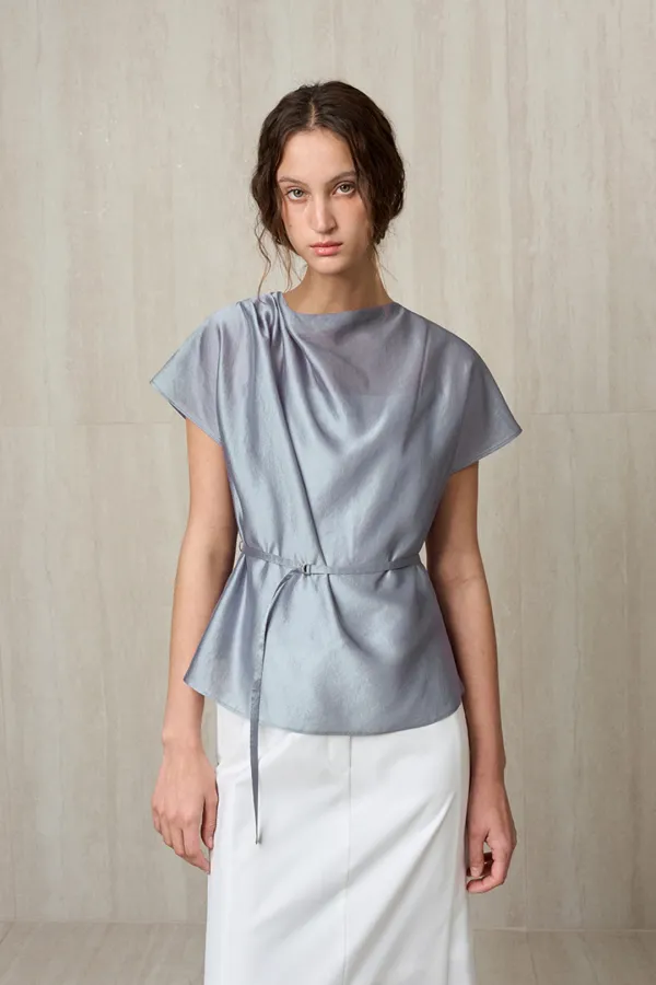 [6/24 S사이즈 순차 배송] [2nd] SHEER BELTED BLOUSE ASH BLUE