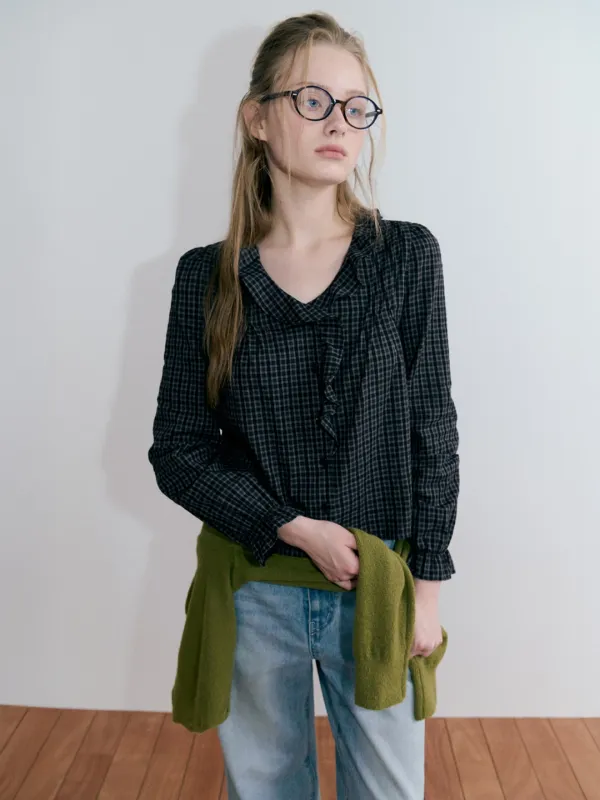 Check Ruffle Pintuck Blouse, Black