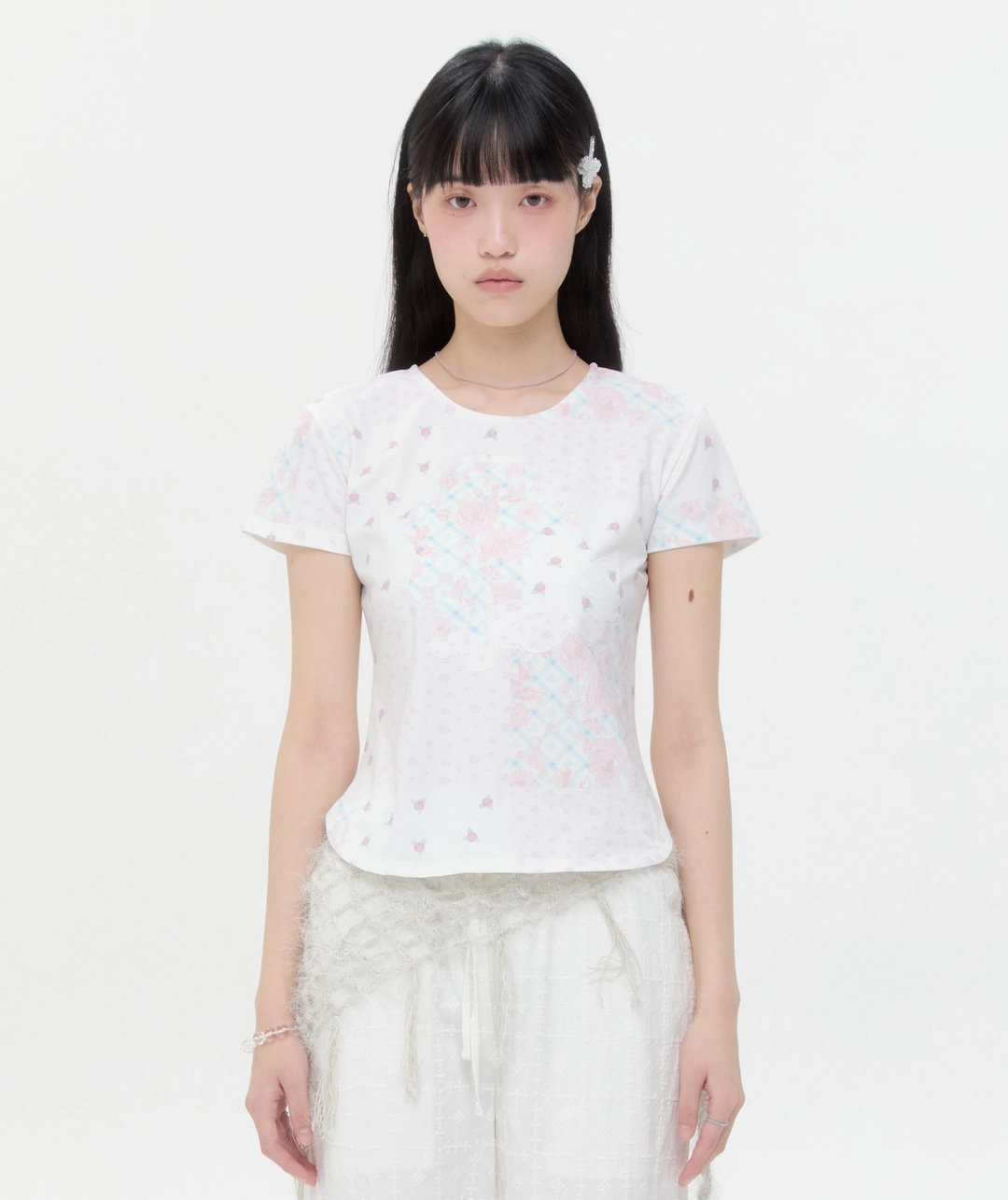 타입서비스 [2차] Flower Applique Curve Short Sleeve Top [Pink] 상품 이미지 1