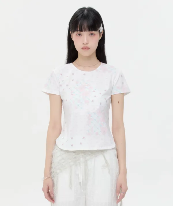 [2차] Flower Applique Curve Short Sleeve Top [Pink]
