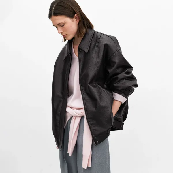 (JP-588)OVERFIT LEATHER SNAP BUTTON BLOUSON
