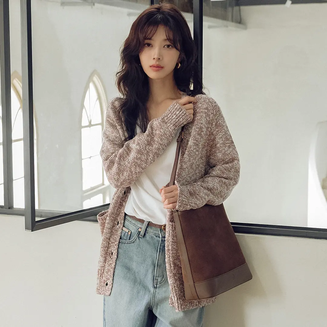 시야쥬 SIKN2121 빈티지 투톤 브이넥 가디건_Red brown 상품 이미지 2