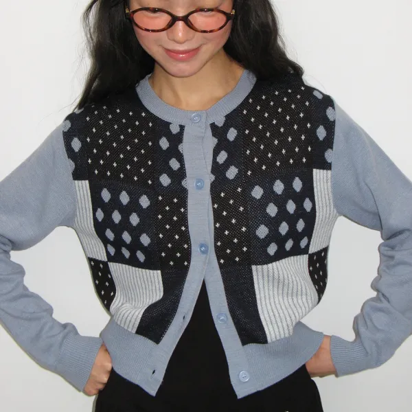 DOT STRIPE MIX KNIT CARDIGAN SOFT BLUE