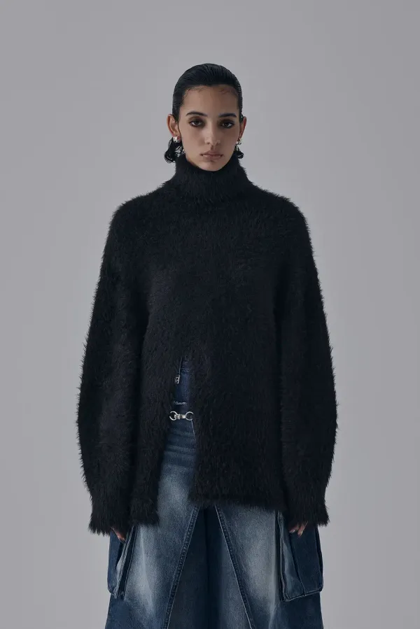Front Slit Metal Hook High-Neck Fur Knit [ Black ]
