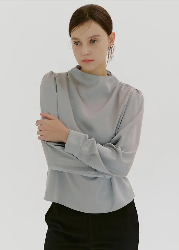 [44-120] Diravela Half Neck Shiring Blouse 디라벨라 하프넥 셔링 블라우스 (겨울-가을-데일리룩-클래식룩-오피스룩-긴팔블라우스-출근룩-하객블라우스-페미닌-클래식-셔링-하프넥-빅사이즈-자체제작)