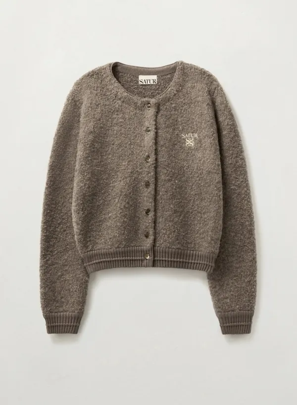 (W) Boucle Crew Neck Cardigan - Brown