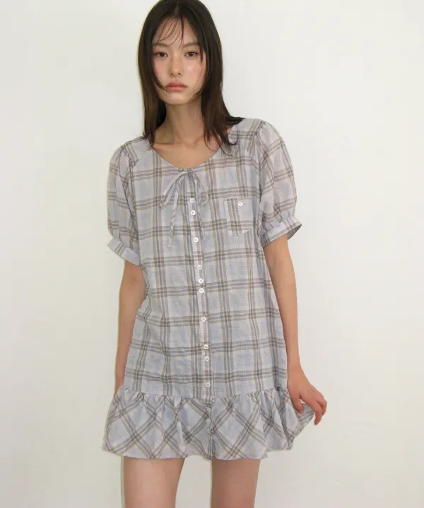 CHECK PUFF SLEEVE MINI DRESS BLOUSE SOFT BLUE