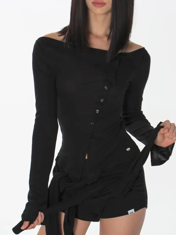 FLIPPED COLLAR OFF-SHOULDER CARDIGAN_BLACK