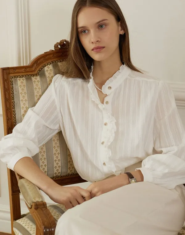 Textured Double Frill Blouse - White