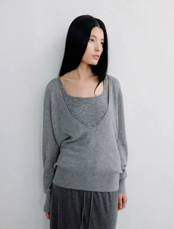 DEEP V NECK WARM KNIT PULLOVER [GREY]