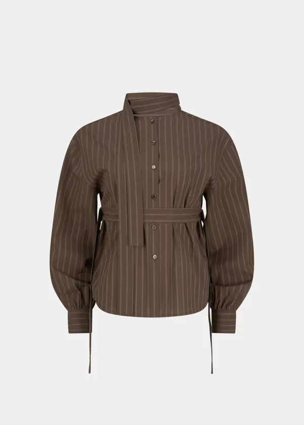 W STRIPED SCARF BLOUSE - BROWN