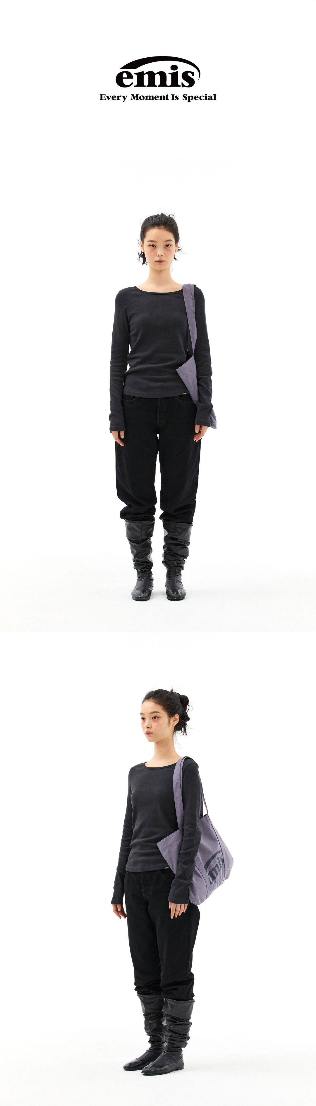 이미스 (W) RIBBED BOAT NECK LS T-SHIRT-BLACK 상품 이미지 2