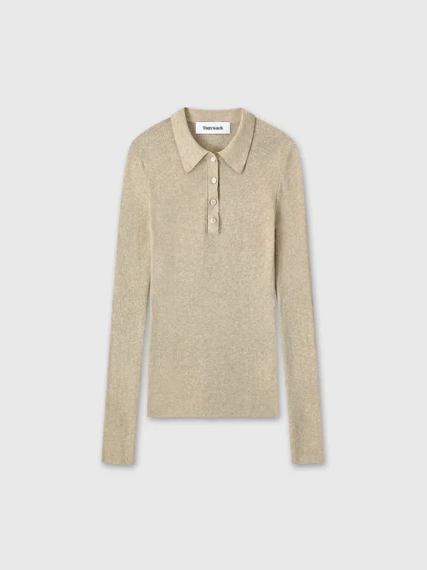(W) GLITTER RIBBED KNIT POLO SHIRT_ GREENISH BEIGE
