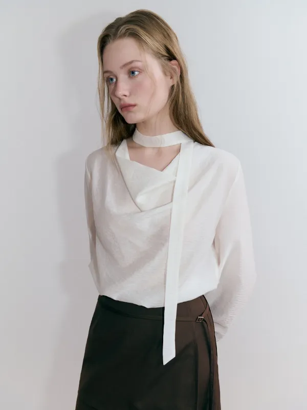 Cowl Neck Tie Blouse, Ivory