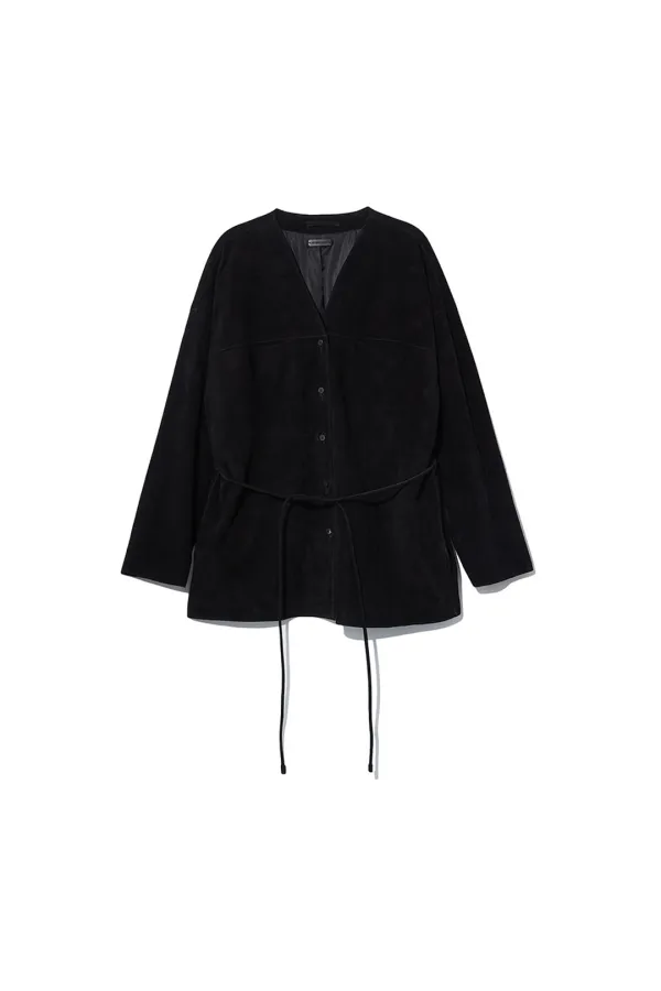 COLLARLESS LEATHER JACKET [BLACK]
