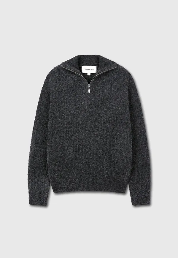 Wool Blend Boucle Zip Sweater_ Dark Grey