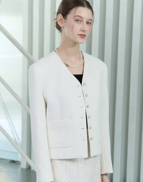 V-neck Tweed Jacket - Ivory