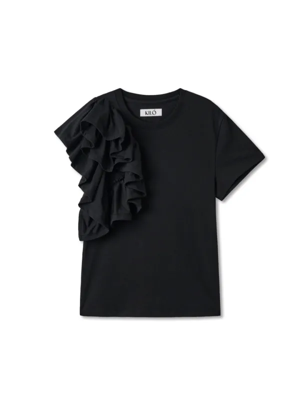 ASYMMETRIC RUFFLED T-SHIRT (BLACK)