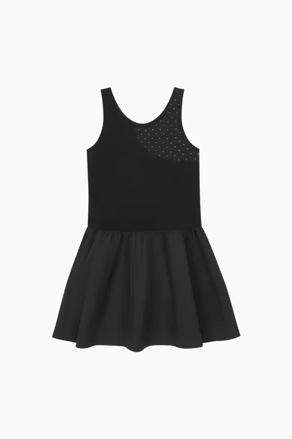 LAYERED FLARE DOT DRESS, BLACK