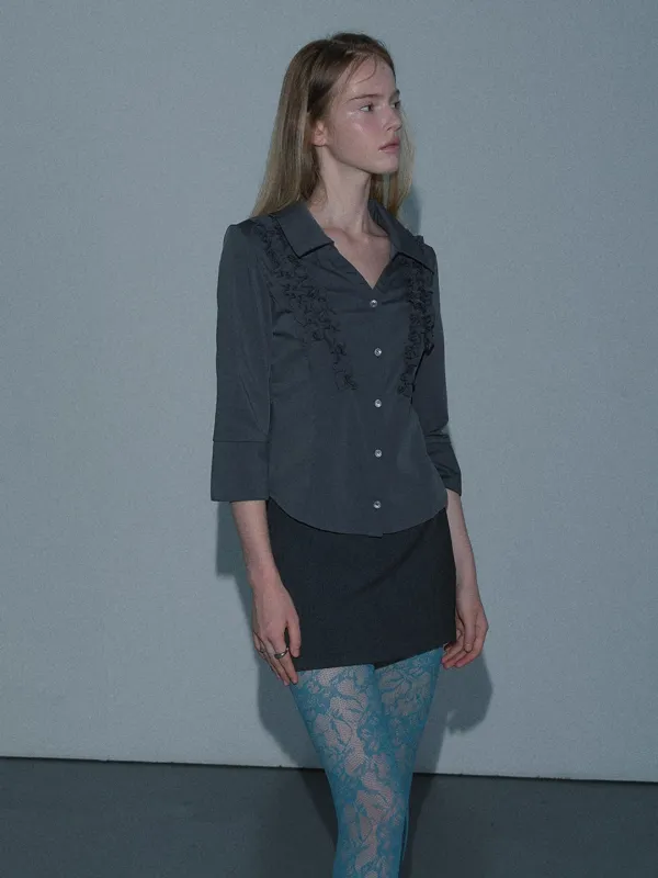 FRILL OPEN COLLAR SHIRT (CHARCOAL)