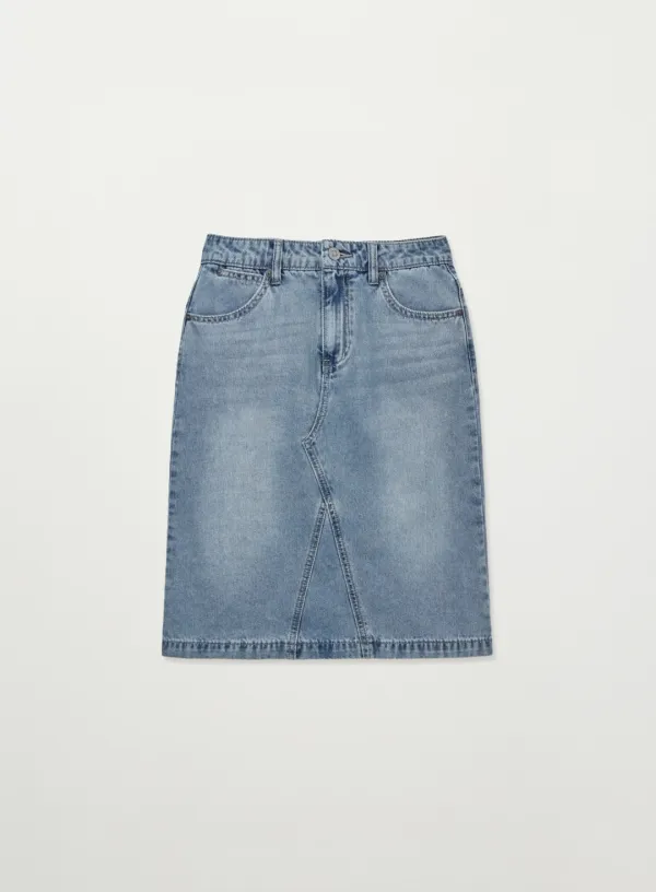 [신예은 Pick] (W) Washed Denim Midi Skirt - Blue