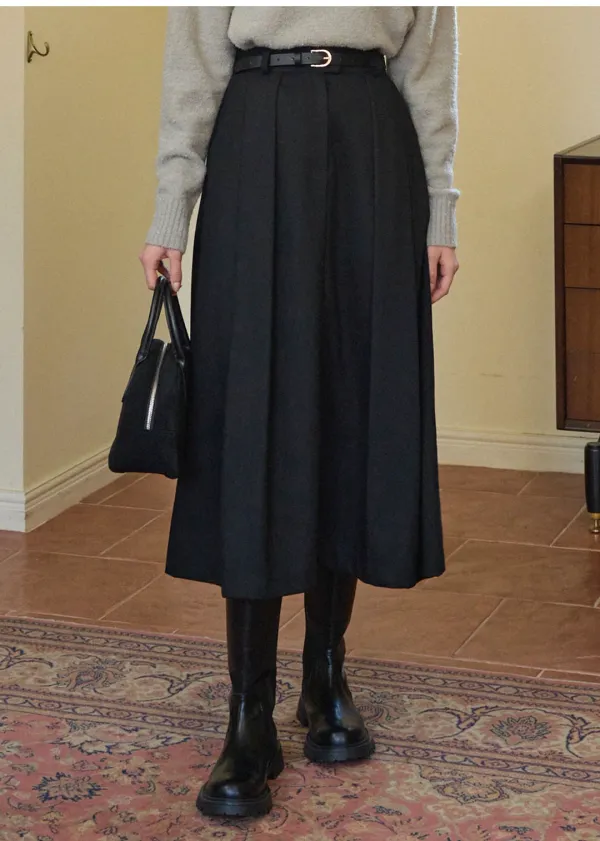  [24-36]  Urbane Pleats Long Skirt-Belt Set Black  어베인 플리츠 롱스커트-벨트세트 블랙 (겨울-데일리룩-격식룩-하객룩-세련무드-롱스커트-핀턱-가죽벨트-벨트셋업-빅사이즈-자체제작) 