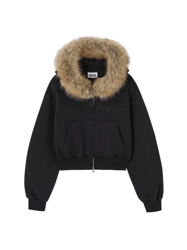 EMBROIDERED FUR-TRIM BRUSHED ZIP-UP HOODIE_BLACK