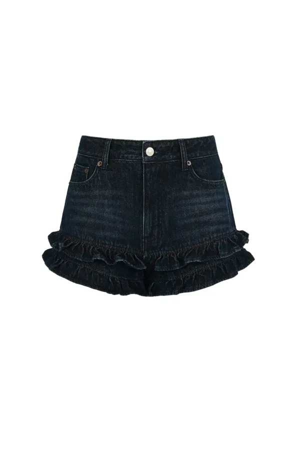 [3rd REORDER] FRILL FLARE DENIM SHORTS [BLUE]