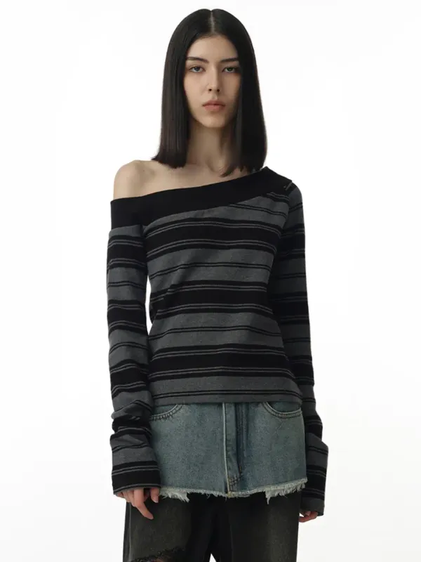 One Shoulder Striped T-Shirt [Charcoal Gray]