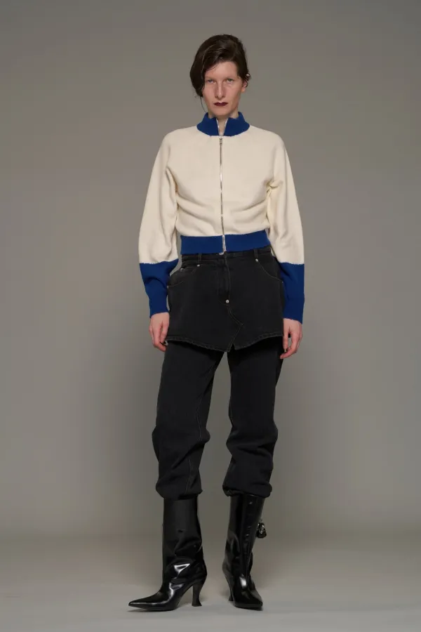 FW26 IVORY COLOR BLOCK ZIP-UP CARDIGAN