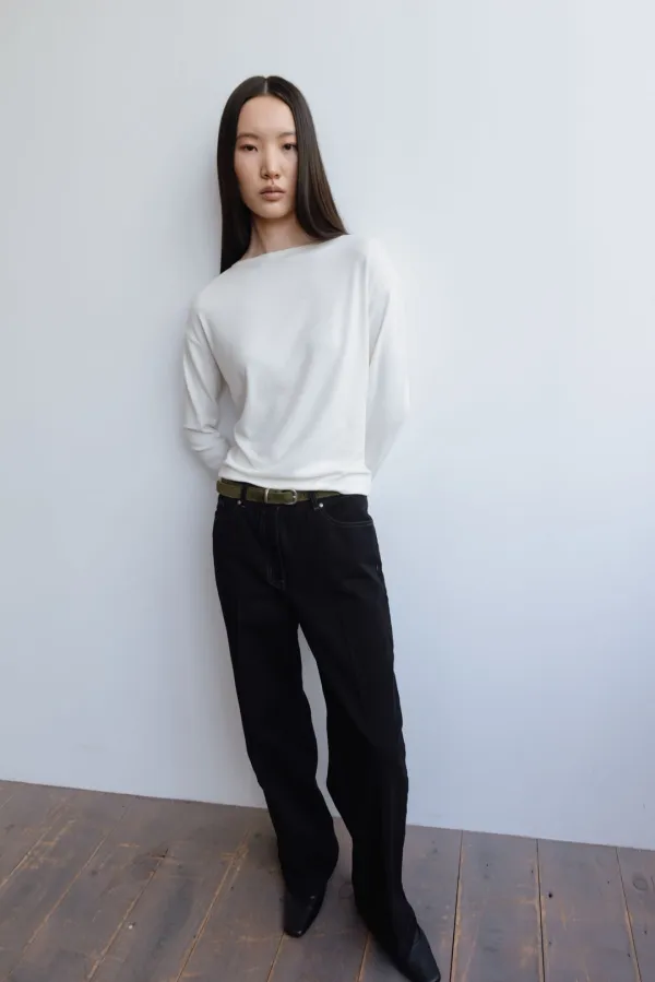 Wool blend relaxed boat neck T-shirt_ivory - 로웨