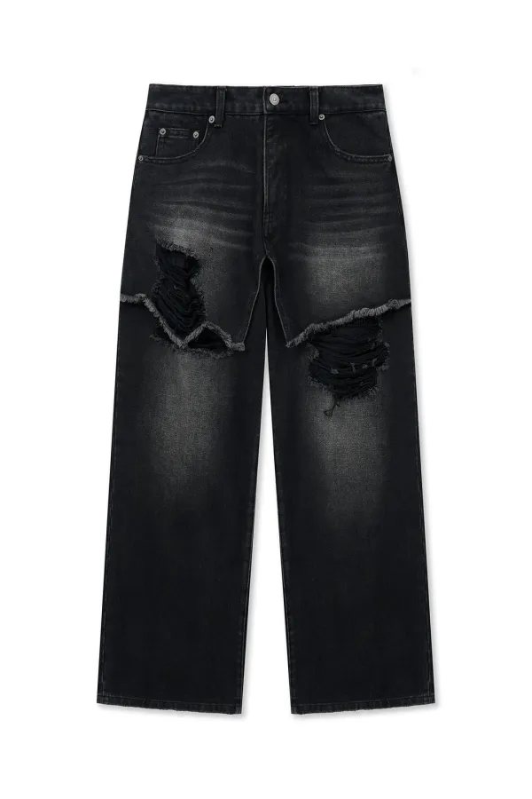 FRONT LAYERED DISTRESSED DENIM PANTS IN BLACK