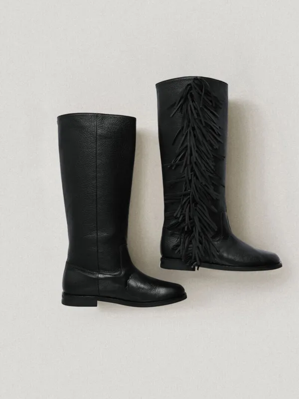 Holmes Fringe Knee Boots Grained Black (Vibram Sole)